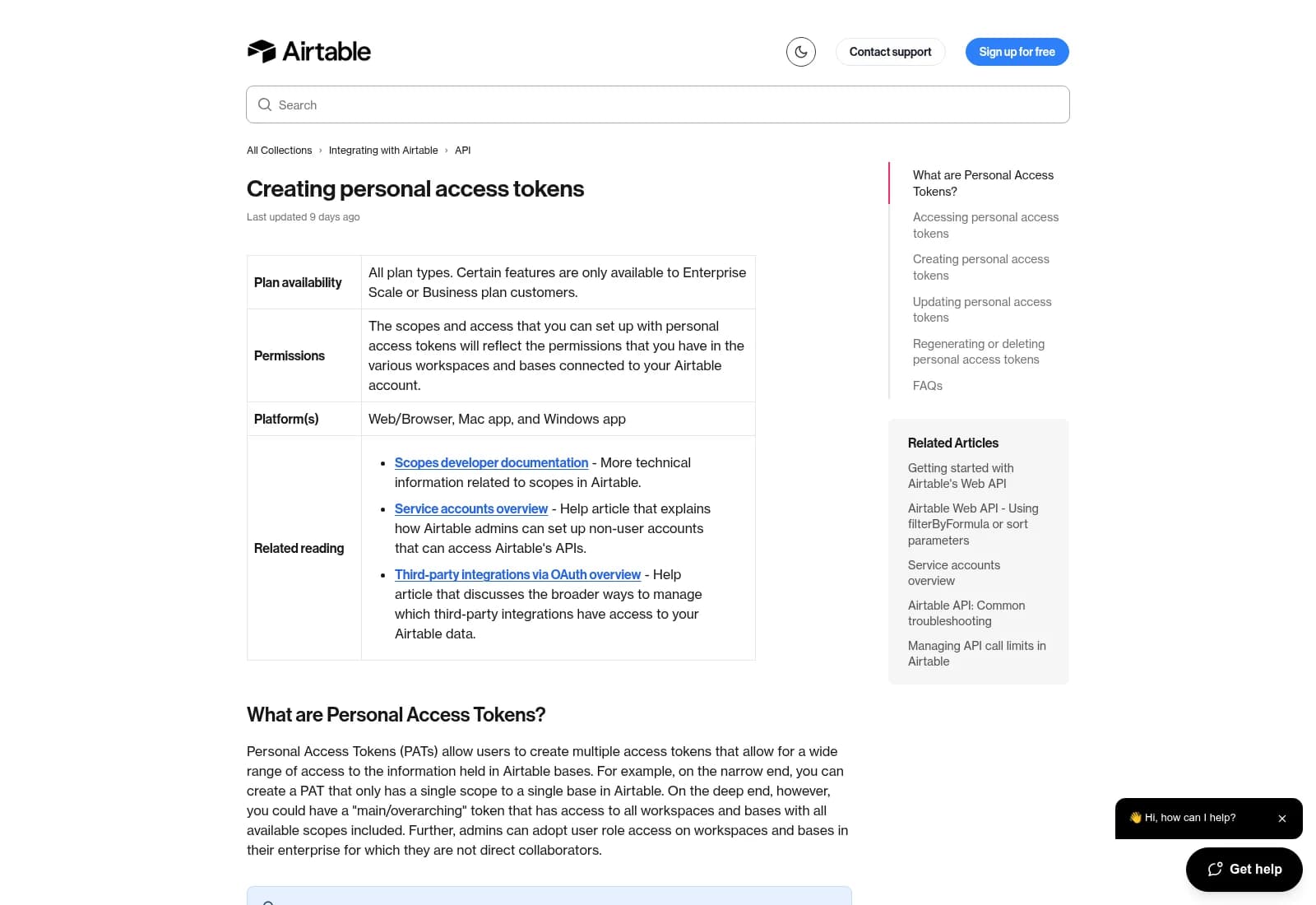 Airtable documentation showing personal access token permissions and resources