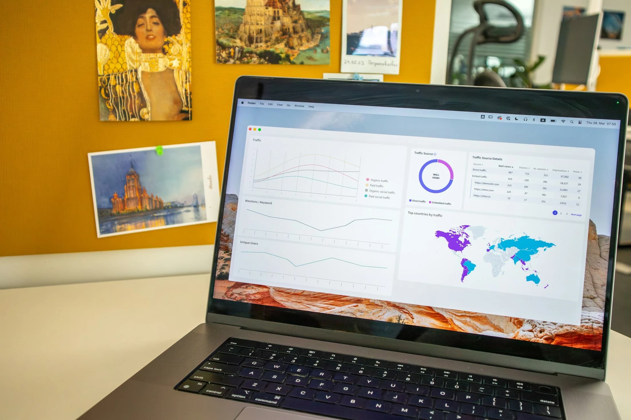 Laptop showing website reports on a desk