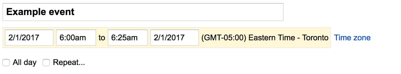Google Calendar documentation example with an event time and Toronto time-zone setting