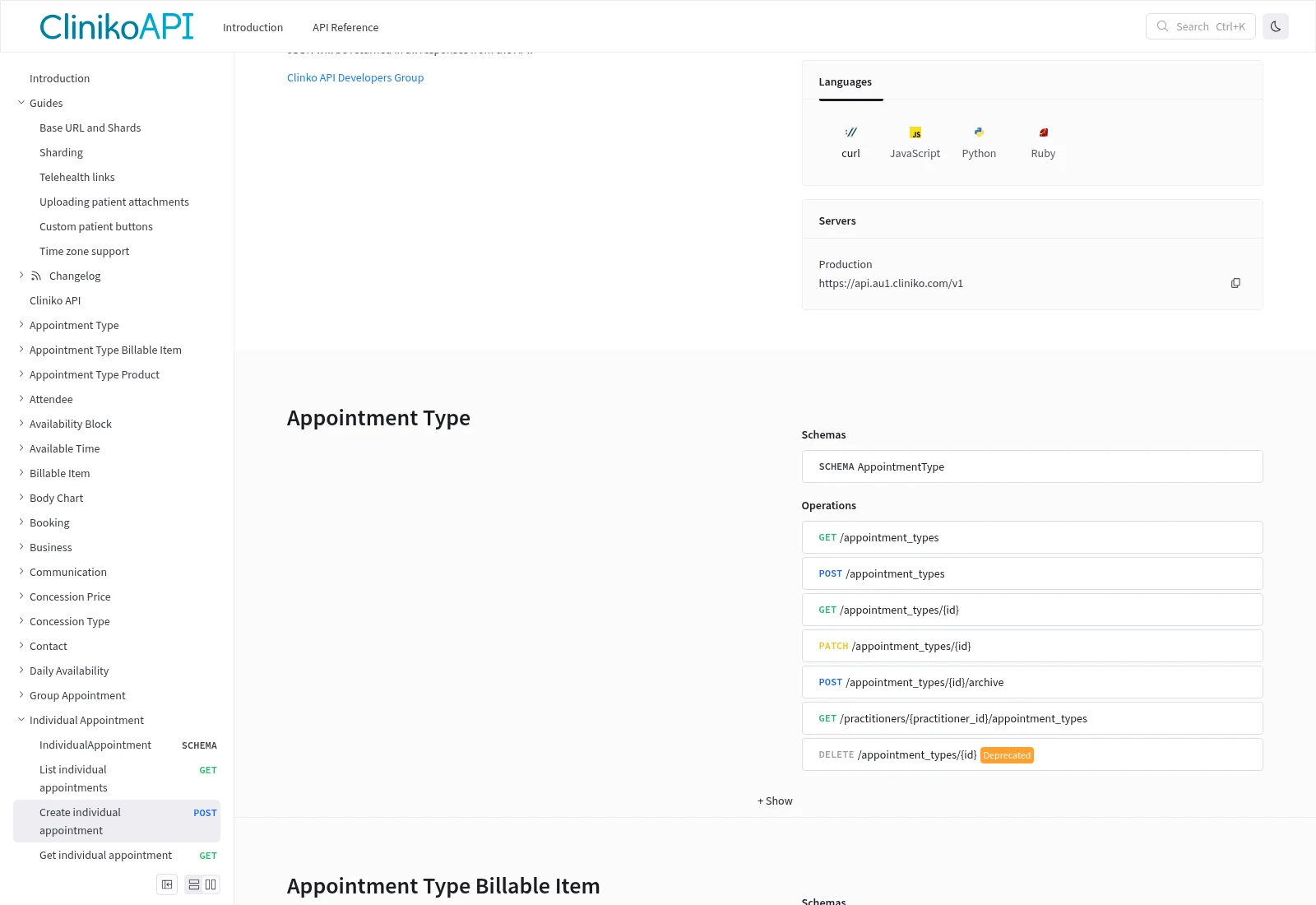 Cliniko API documentation with individual appointment actions in the sidebar
