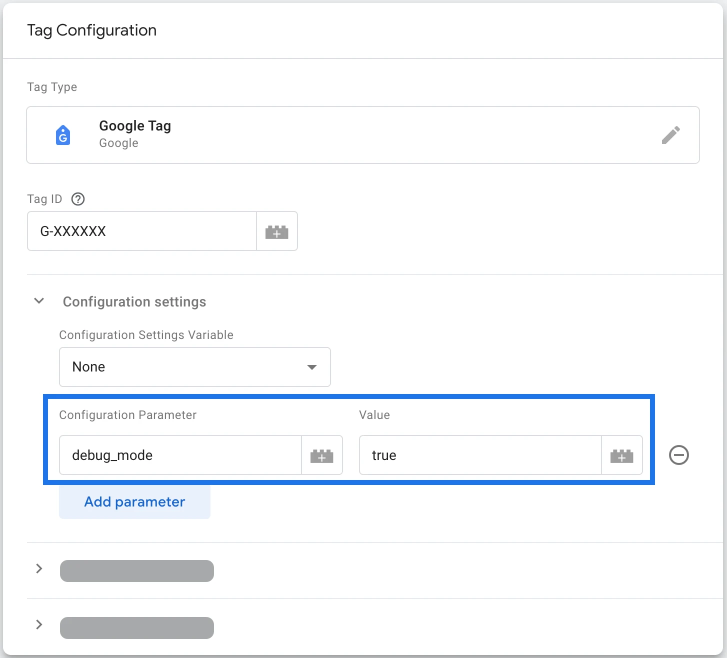 Google Tag Manager tag settings with debug mode enabled