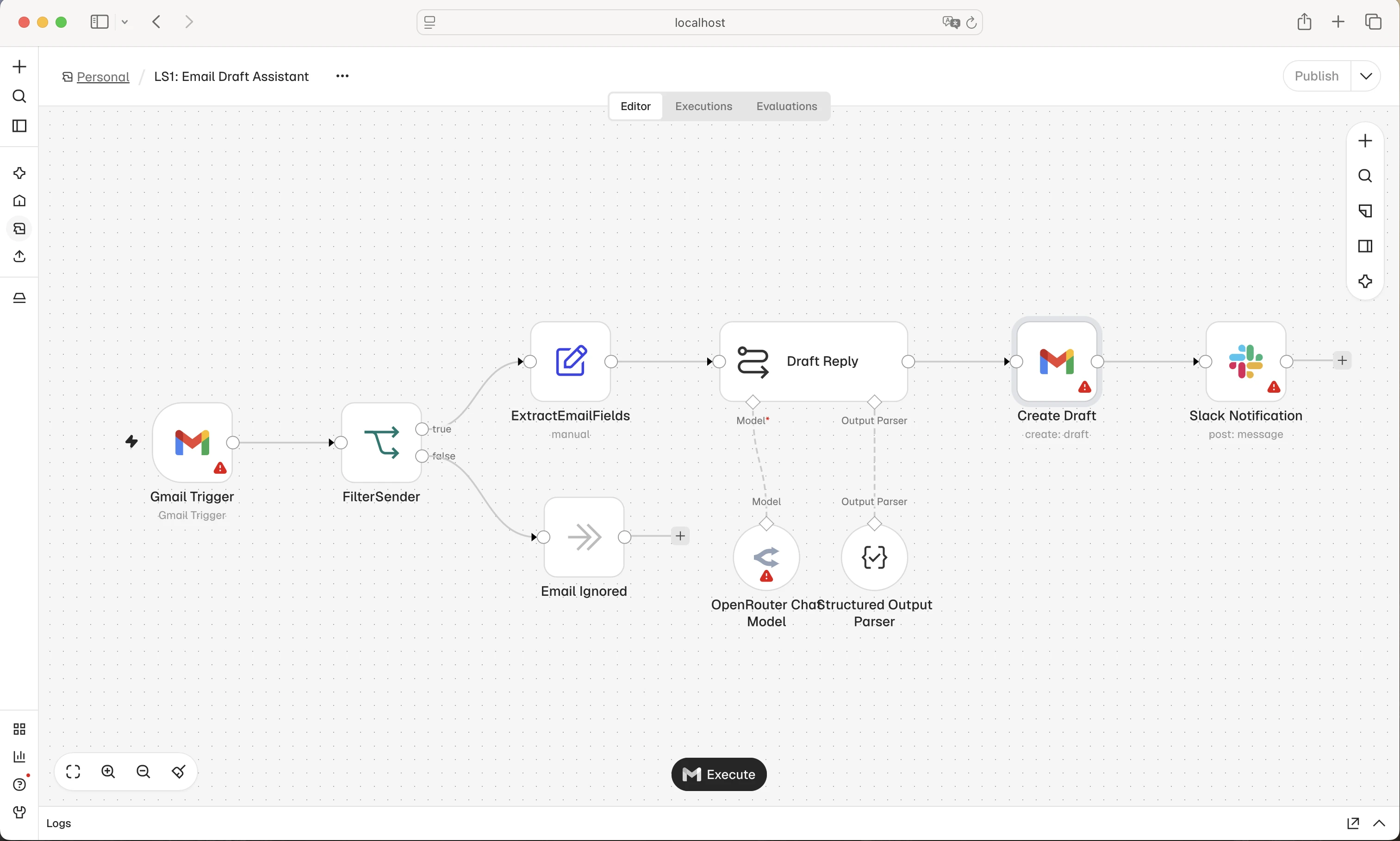 n8n workflow editor with connected steps and separate paths