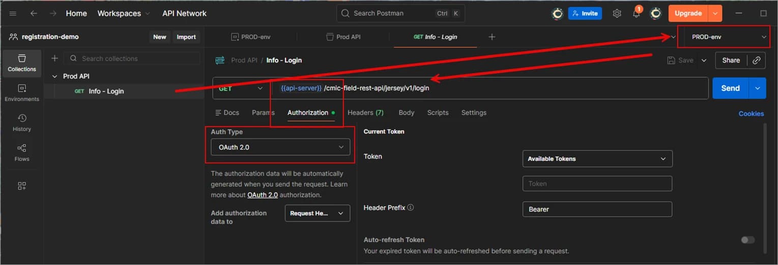 Postman request showing OAuth 2.0 access settings