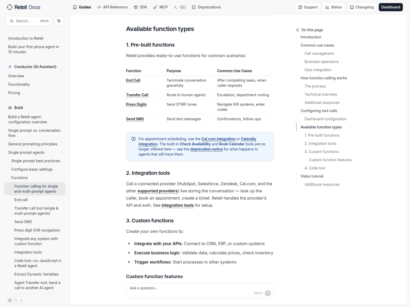 Retell documentation showing voice-agent functions and connected business tools