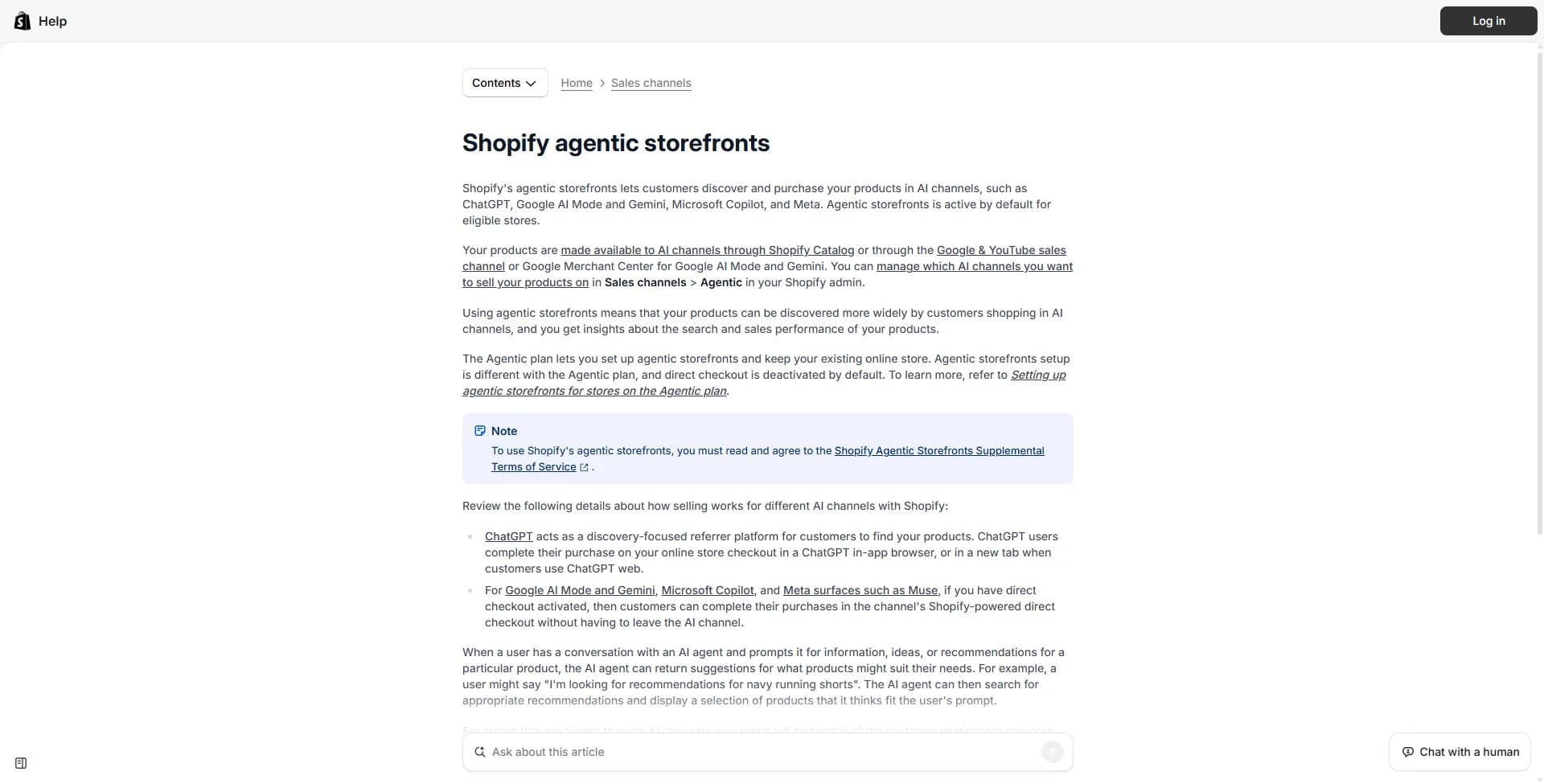 Official Shopify help page explaining AI shopping channels and their checkout paths