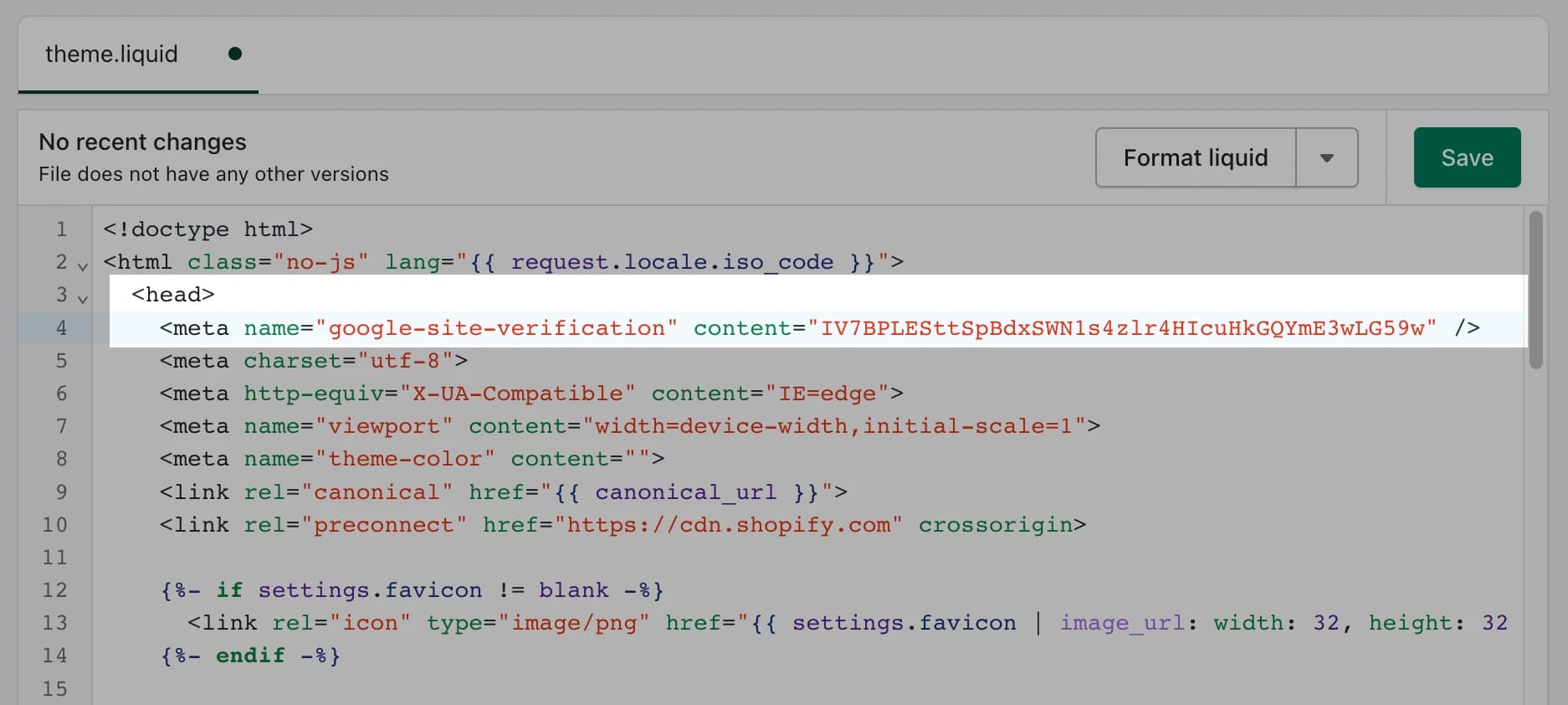 Shopify theme code example with a Google verification tag below the head tag