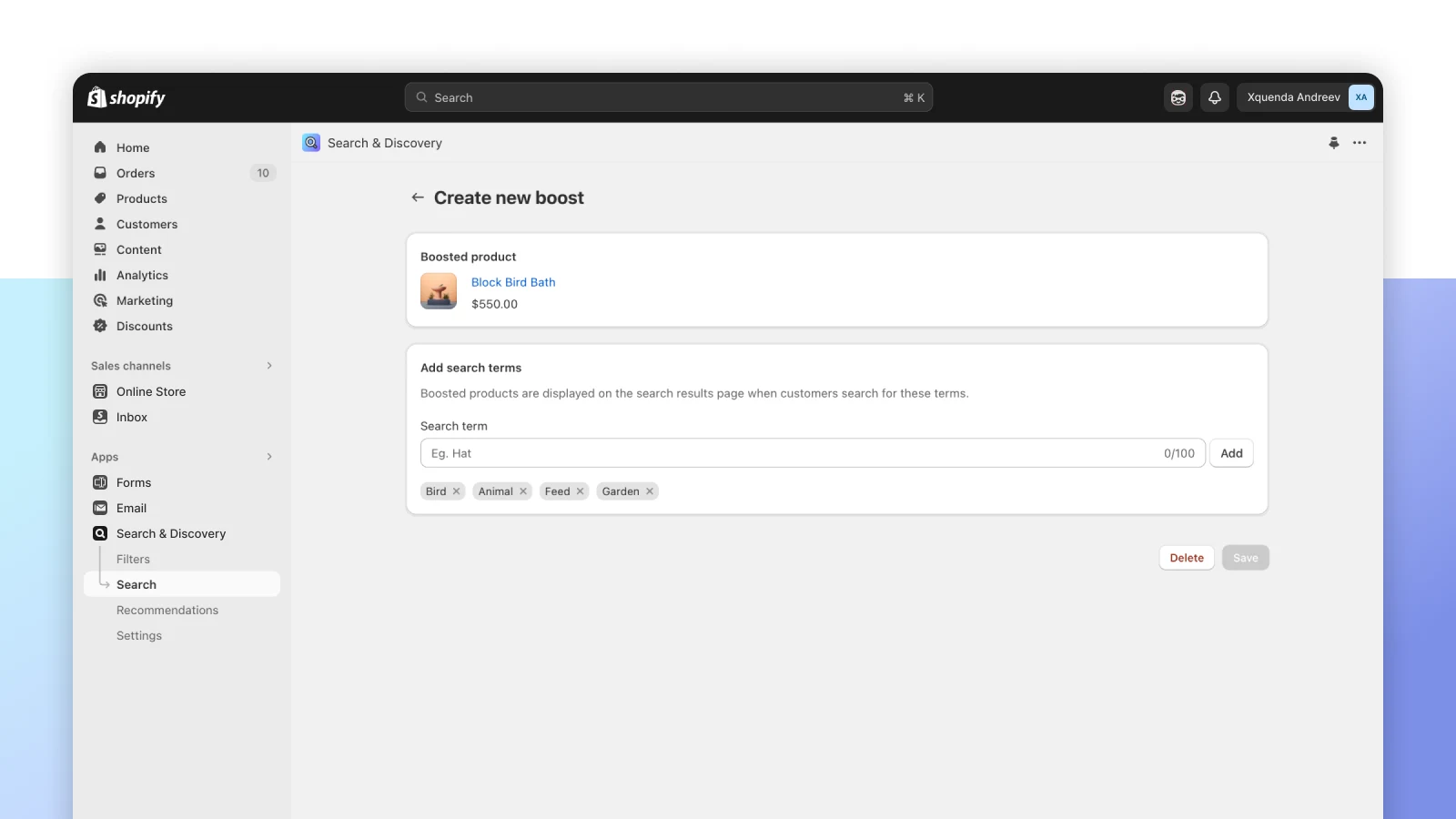 Shopify Search and Discovery product boost editor