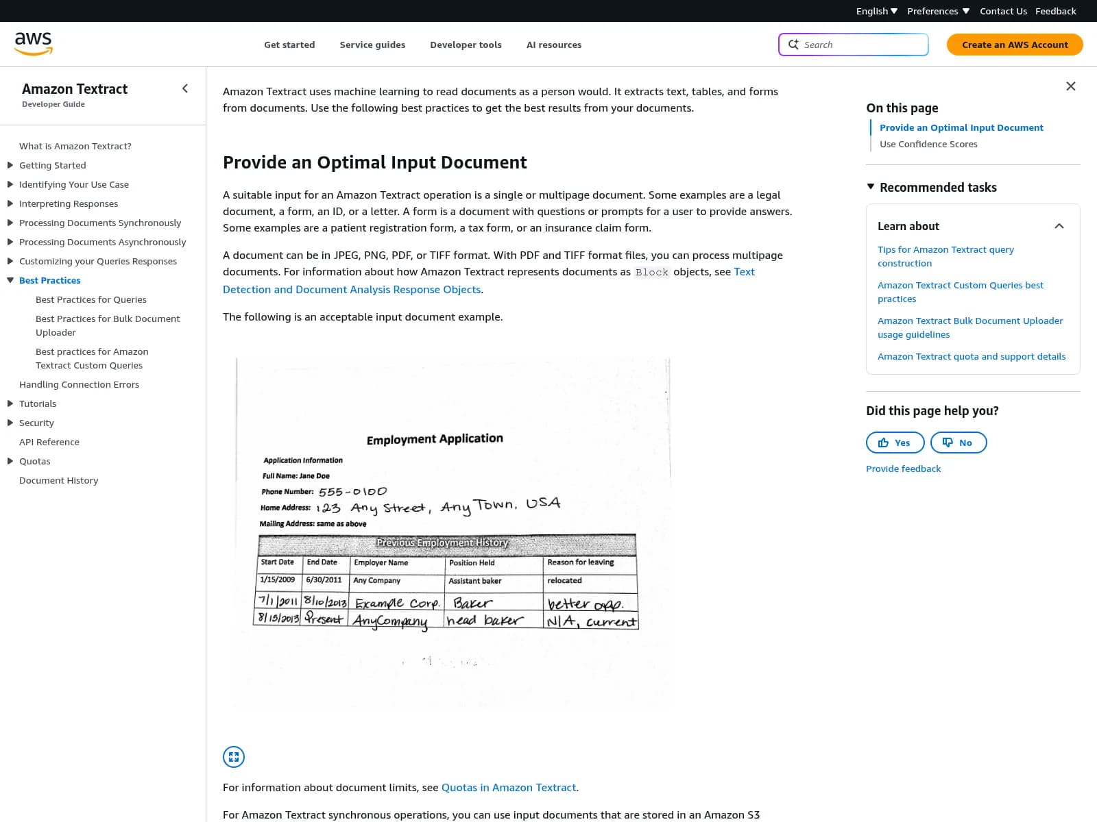 Amazon Textract documentation with a made-up handwritten form example