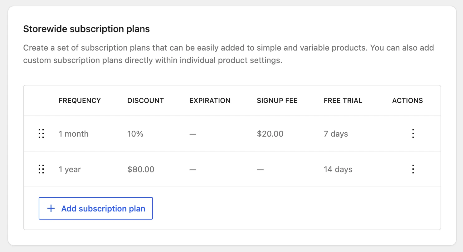 WooCommerce settings for storewide subscription plans