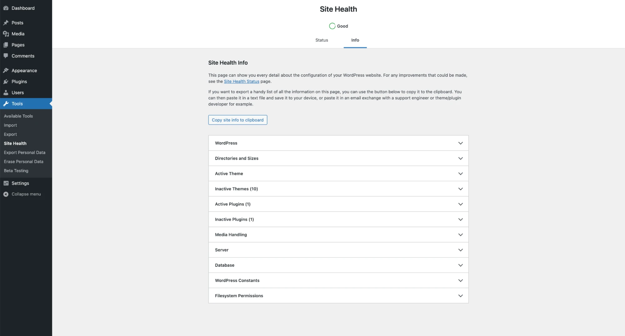 WordPress Site Health information screen