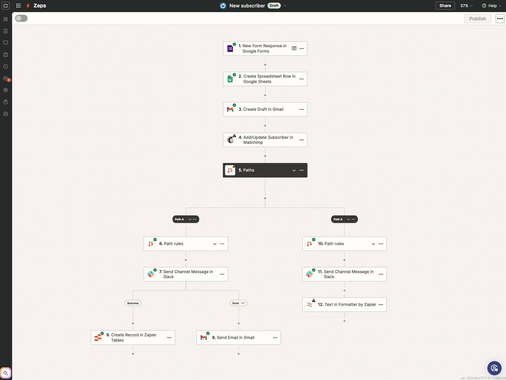 Zapier workflow editor with a form trigger and branching paths