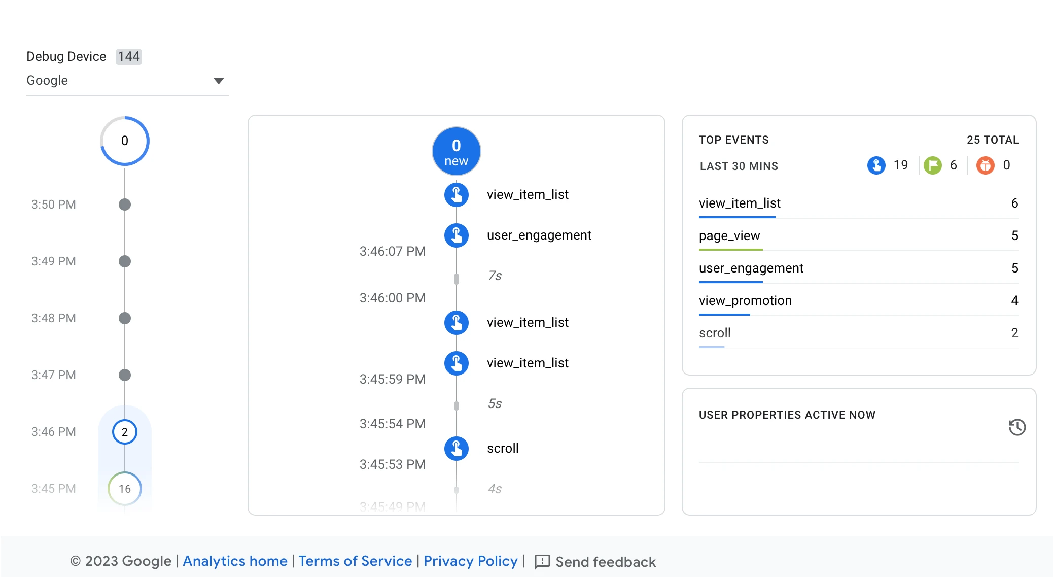Google Analytics DebugView with a timeline of website actions