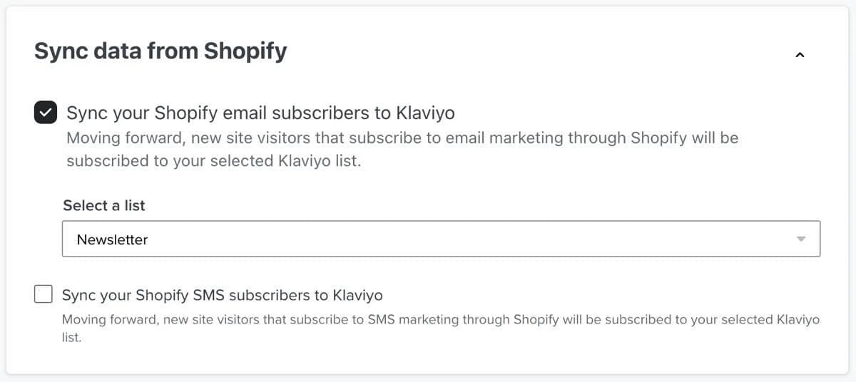 Klaviyo Shopify settings with the Newsletter signup list selected