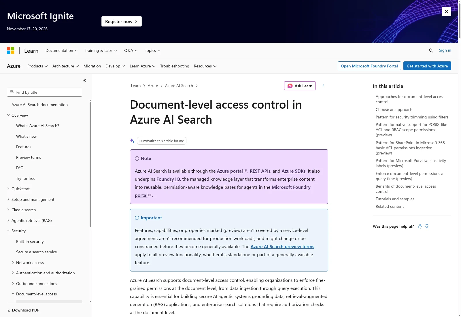 Microsoft documentation explaining document-level access control in search