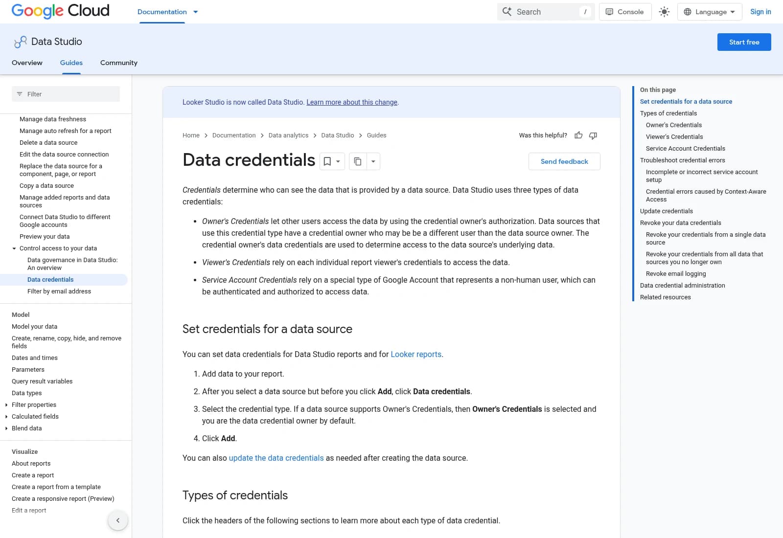 Data credentials | Data Studio | Google Cloud Documentation