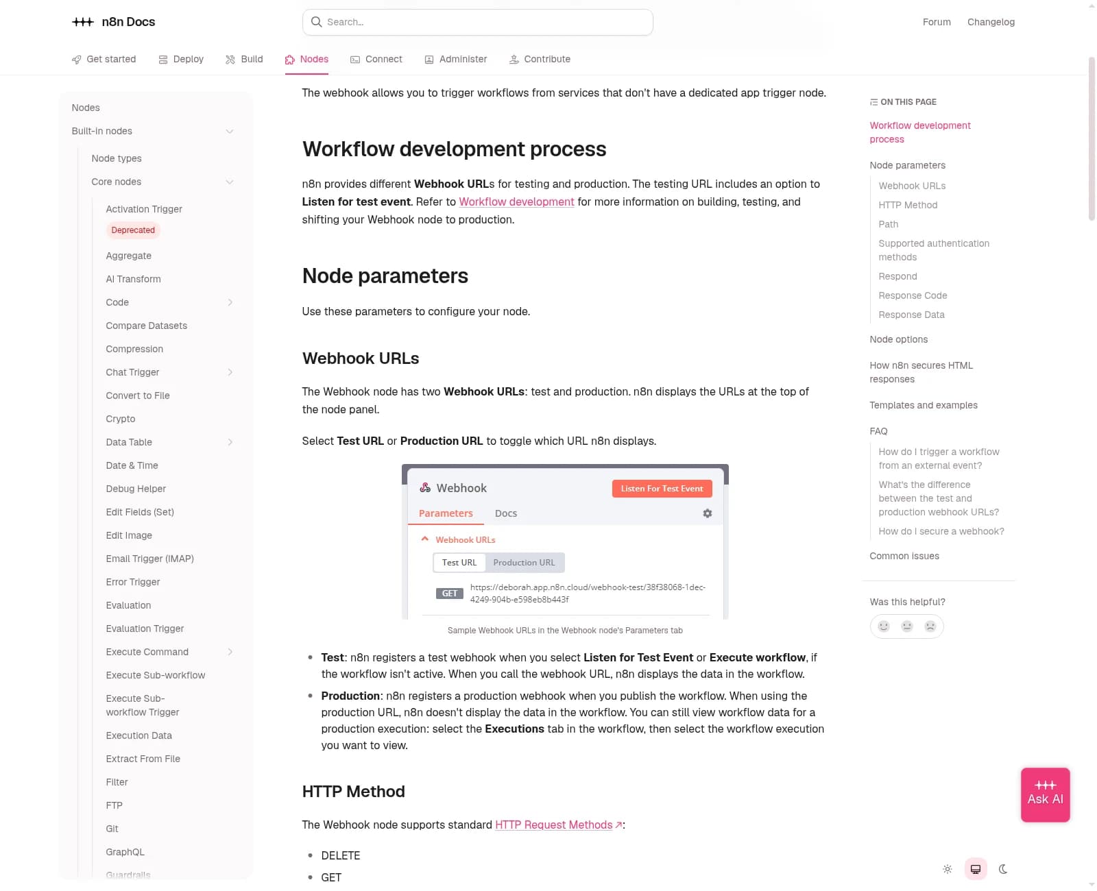 Official n8n webhook documentation explaining test and production URLs