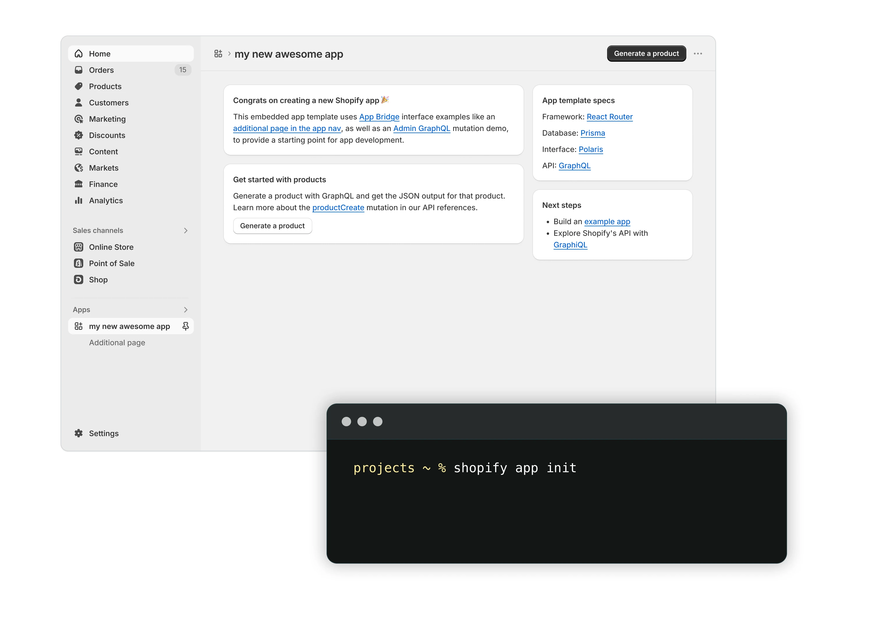 Example custom Shopify app inside the admin, with a developer command window