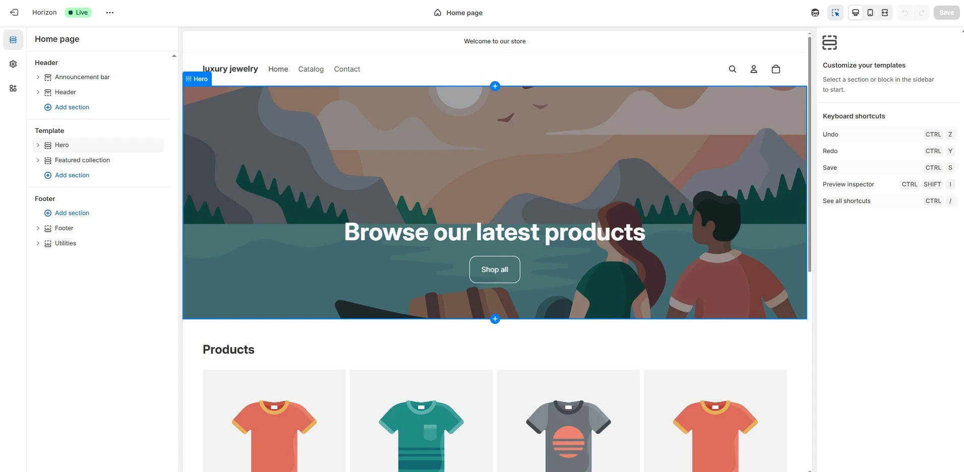 Shopify theme editor with homepage sections and a store preview