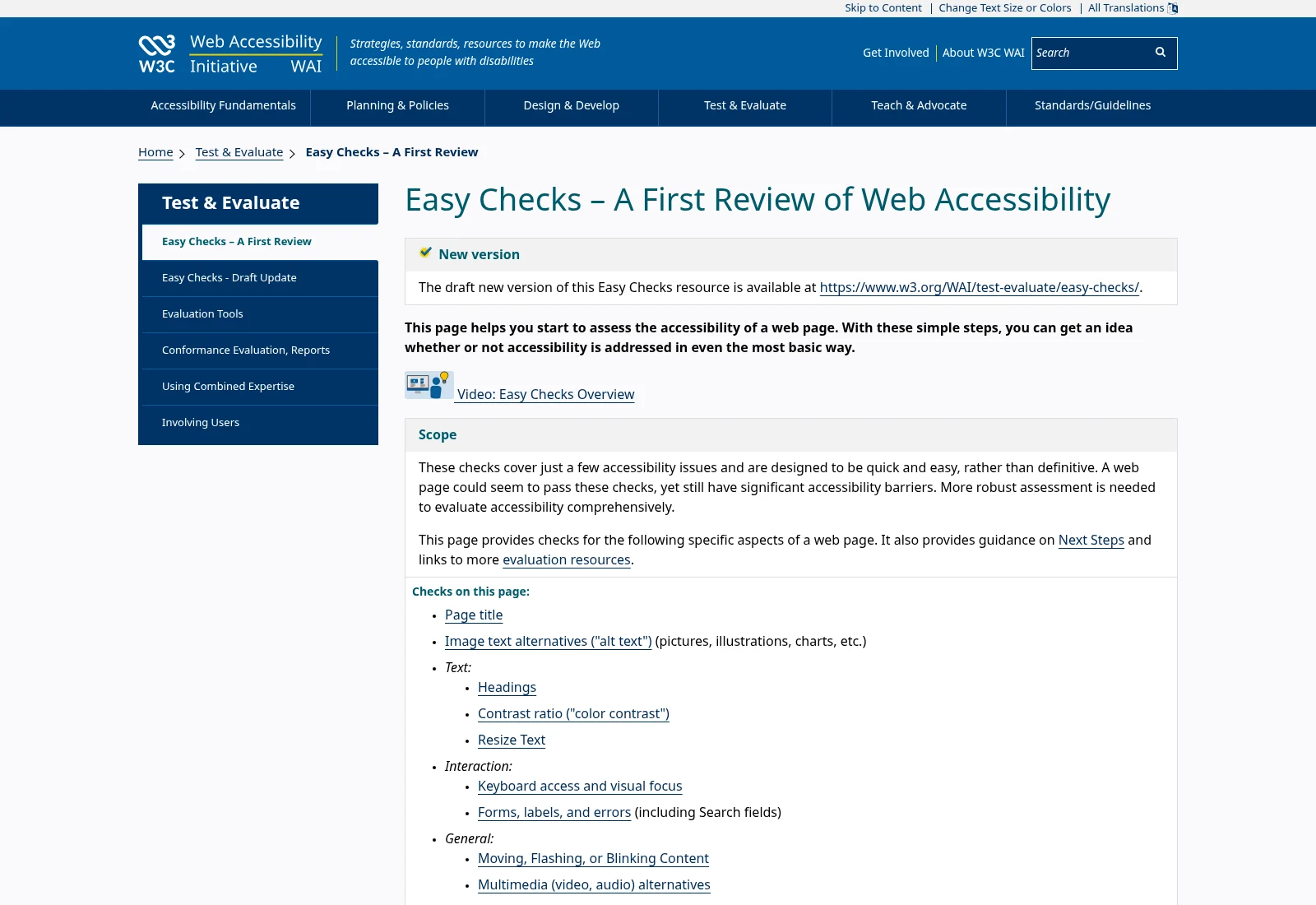 W3C WAI accessibility guide listing keyboard, form and content checks