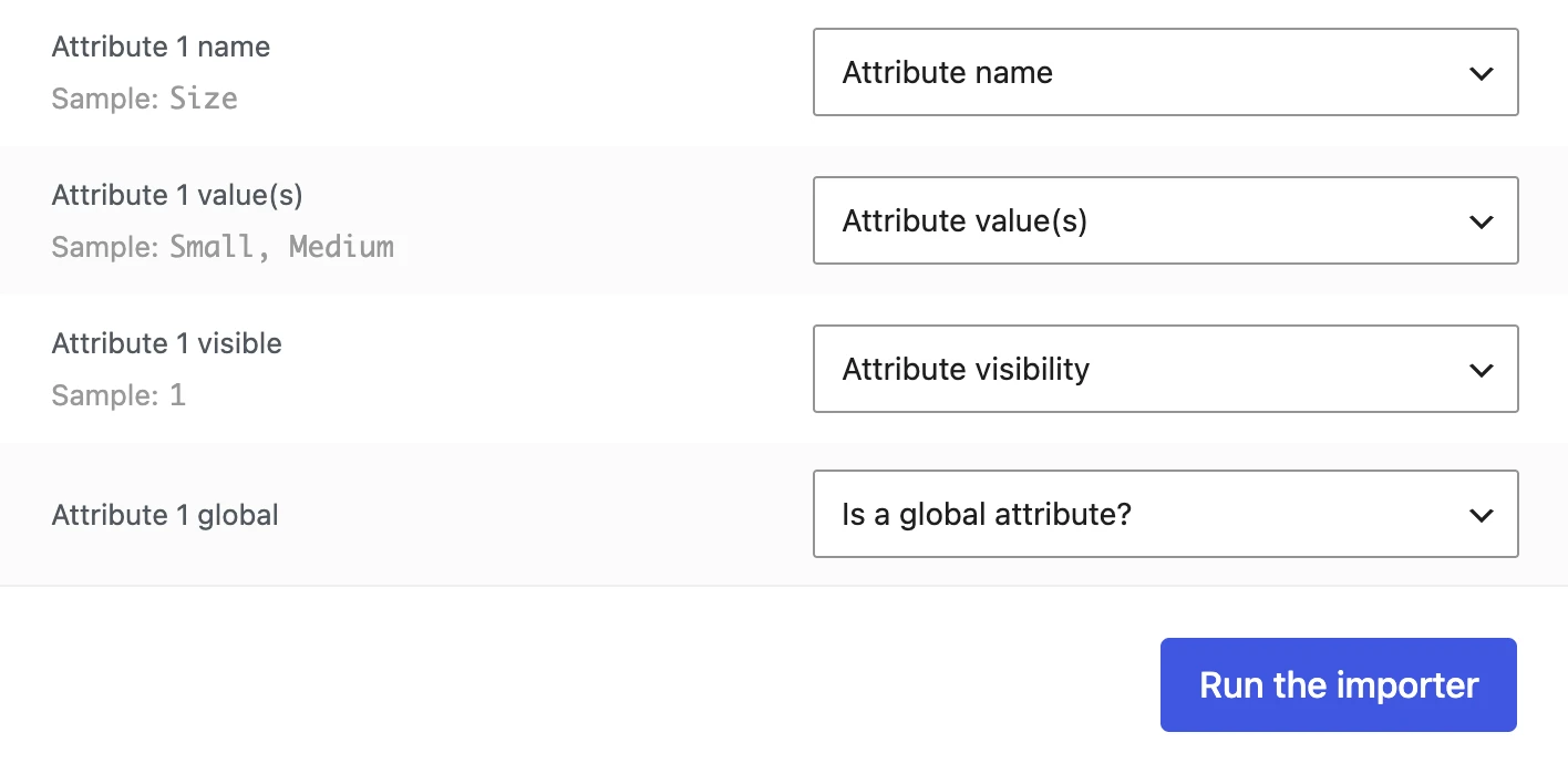 WooCommerce CSV settings for matching imported columns to product details