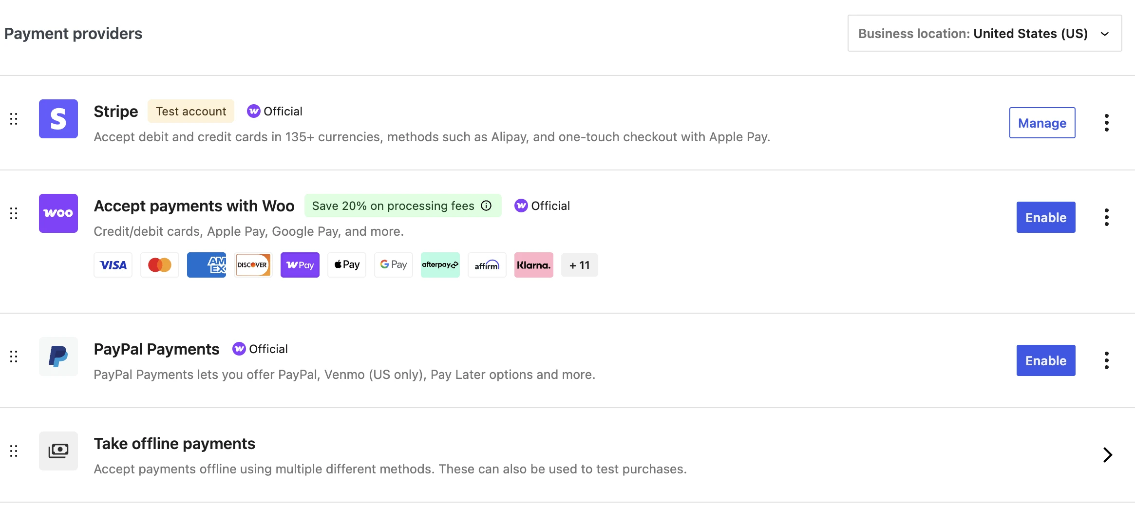 WooCommerce payment settings showing enabled payment providers