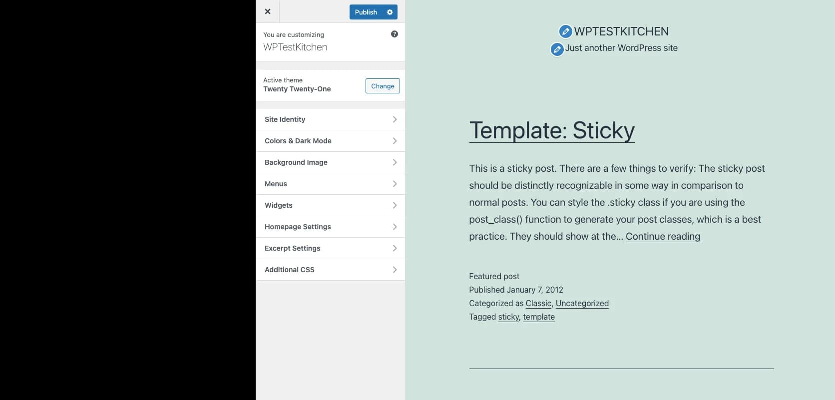 WordPress Customizer with theme controls and a live page preview
